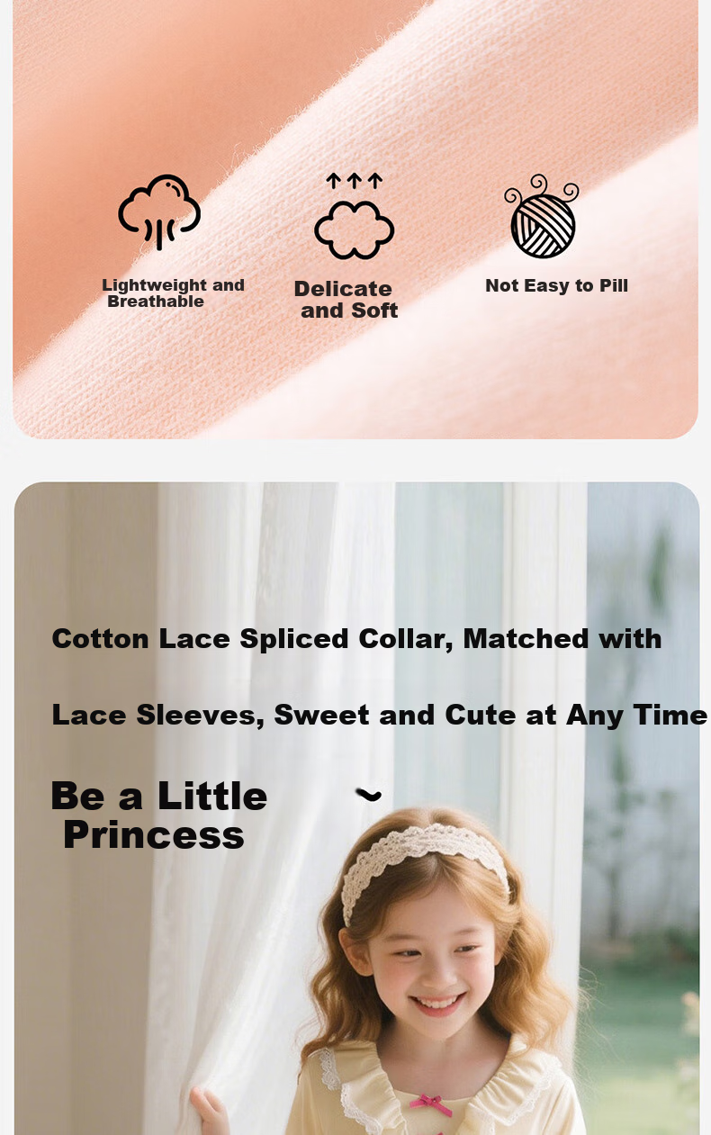 Dingguagua Girls' Nightgown, Summer Princess Style, Class A Pure Cotton Long Dress, Children's Pajamas, Loungewear, Parent-Child Dress, Light Pink, Size 130 4