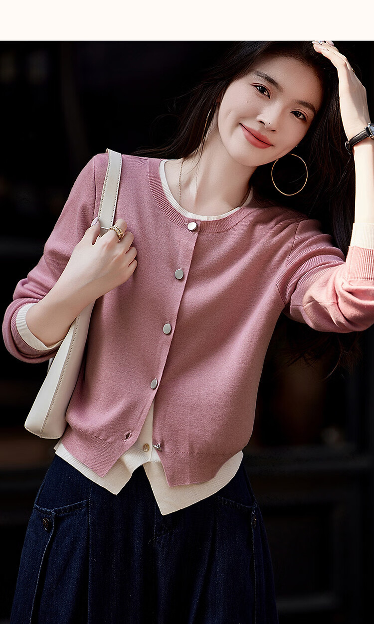 Dme [Quiet Luxury Inspired Wardrobe] Spring and Autumn Design Fake Two-Piece Color-Block Knit Sweater with Decorative Buckle for Women 33