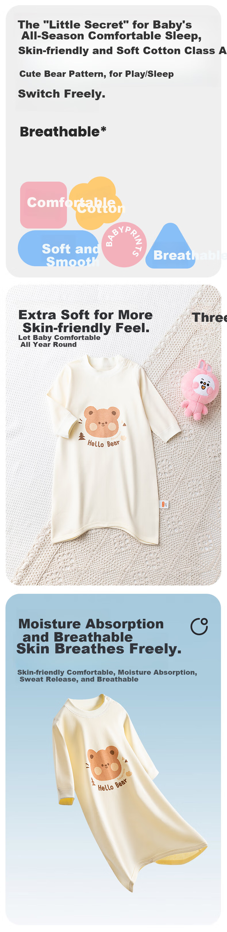 Babyprints Baby Cotton Unisex Baby Robe Four Seasons One-Piece Pajamas Kids Homewear Sleep Sack Anti-Kick Quilt 90cm 1