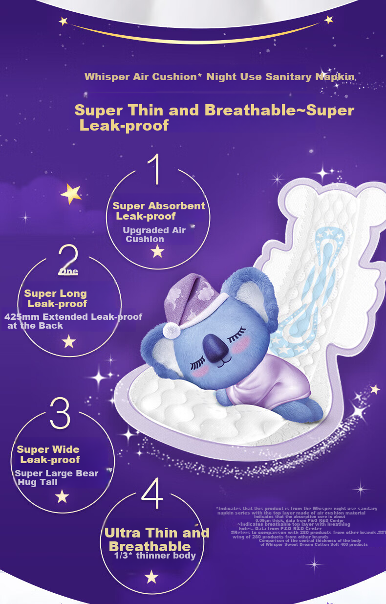 Hushubao Koala Huhu Extra Long Overnight Sanitary Pads, 425mm, 4 Pieces, Menstrual Pads, Sold by JD Official Flagship Store 1