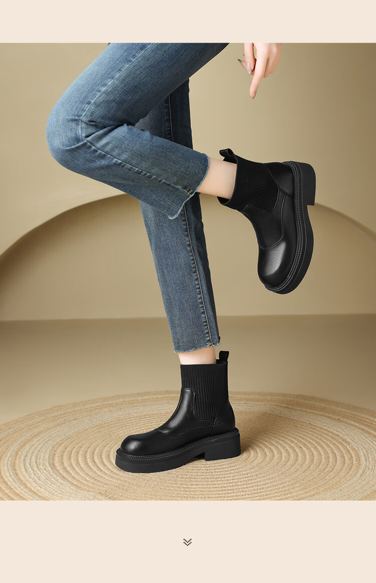 ZHR Elastic Socks Boots Women Autumn Winter Fleece Thick Sole Height Increasing Slimming Soft Sole British Short Boots EH255A Black 36 4