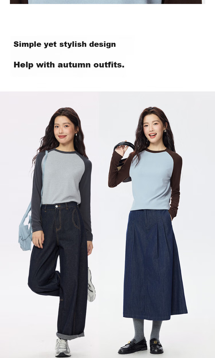 ZARA Women's Long Sleeve T-shirt with Elasticity, Vintage American Style Contrast Color Patchwork Round Neck Knitted Top 05325821 6