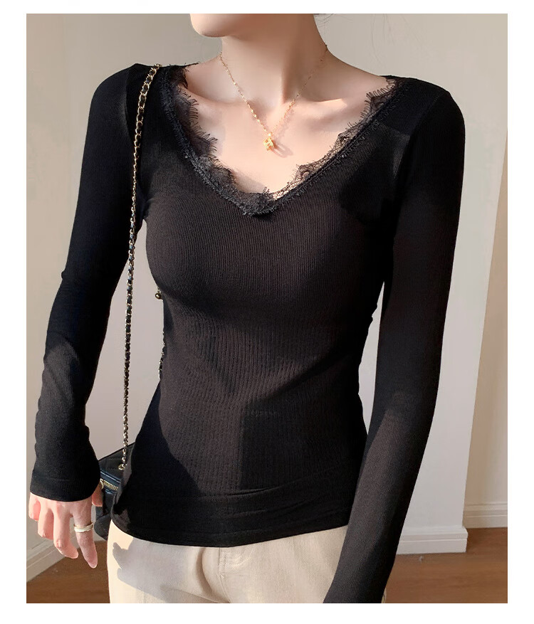 LangSha Women's Ribbed Long Sleeve T-Shirt Slim Fit Base Layer Bra-Free Spring Autumn Top 12