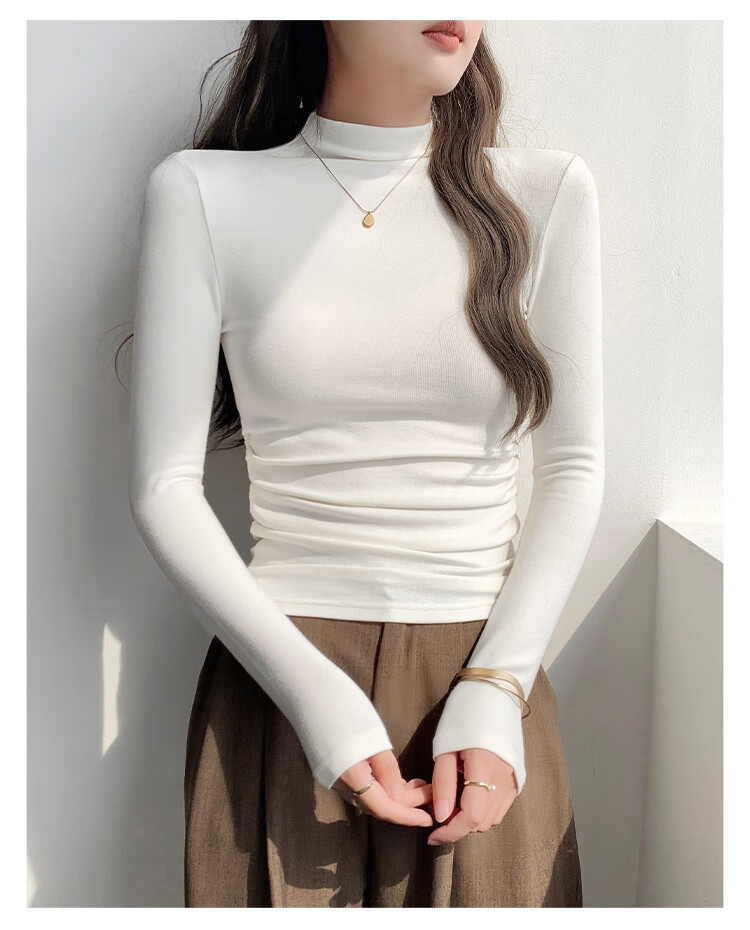 NOME Early Autumn Half Turtleneck Slim Fit Long Sleeve Basic T-Shirt Women 2025 New Solid Color Top White L 1