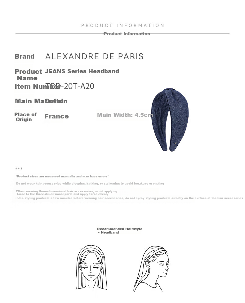ALEXANDRE DE PARIS Eiffel Series Headband, Fresh Style Hair Accessory, Mid-Autumn Festival Gift, M Deep Blue 1