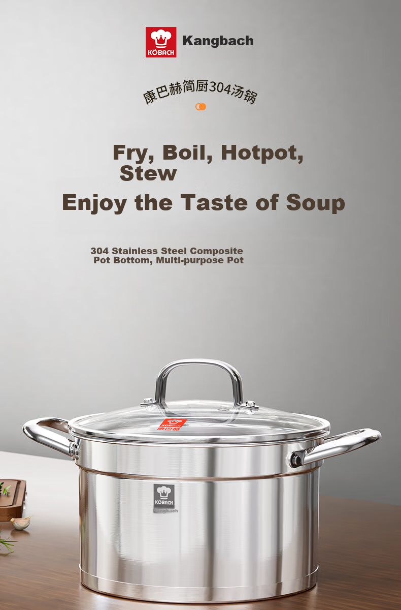 KOBACH Thickened 304 Stainless Steel Large Capacity Stew Pot with Double Handles, Anti-Scalding Noodle Cooking Pot, 24cm, Dishwasher Safe 1
