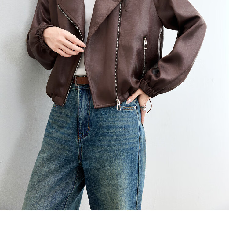 Sentubila Women's Casual Asymmetric Zip-Up Stand Collar Jacket Autumn Loose Slim Leather Texture Cardigan Drawstring Top 8