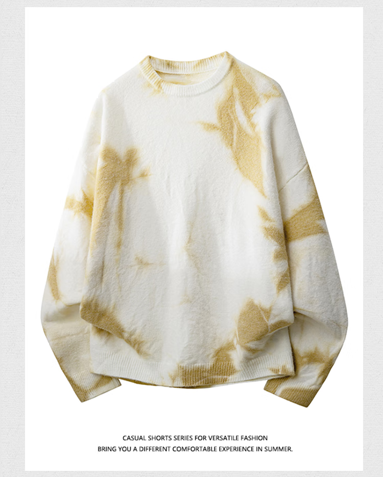 Dingfengbaoluo Tie-Dye Men's Sweater Autumn Winter Trendy Casual Warm Round Neck Cashmere Base Knitwear CMD16 Light Gray 3XL 6