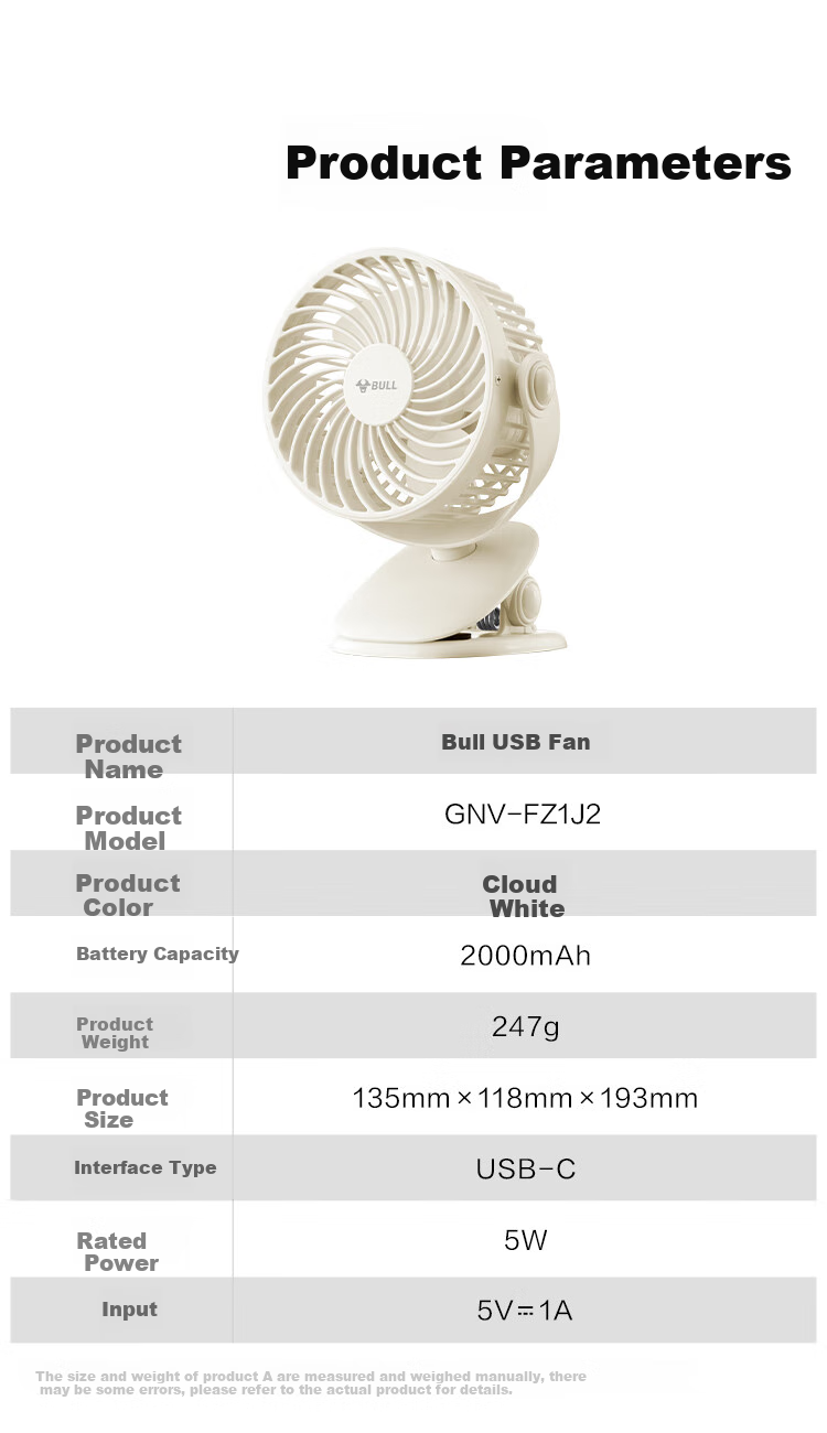 BULL USB Desktop Fan, [3C Certified], Mini Quiet Small Fan 2000mAh, Student Dormitory Office Desktop Fan Clip-On Fan - Rechargeable Model 9