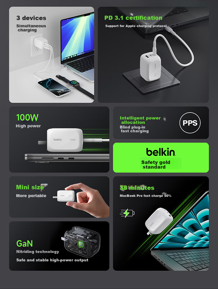 BELKIN Apple Charger, 100W Gallium Nitride 3-Port Fast Charging Adapter, Power Supply for Apple IPhone 17 Tablet, Compatible with PD3.1 And PPS Protocols 3