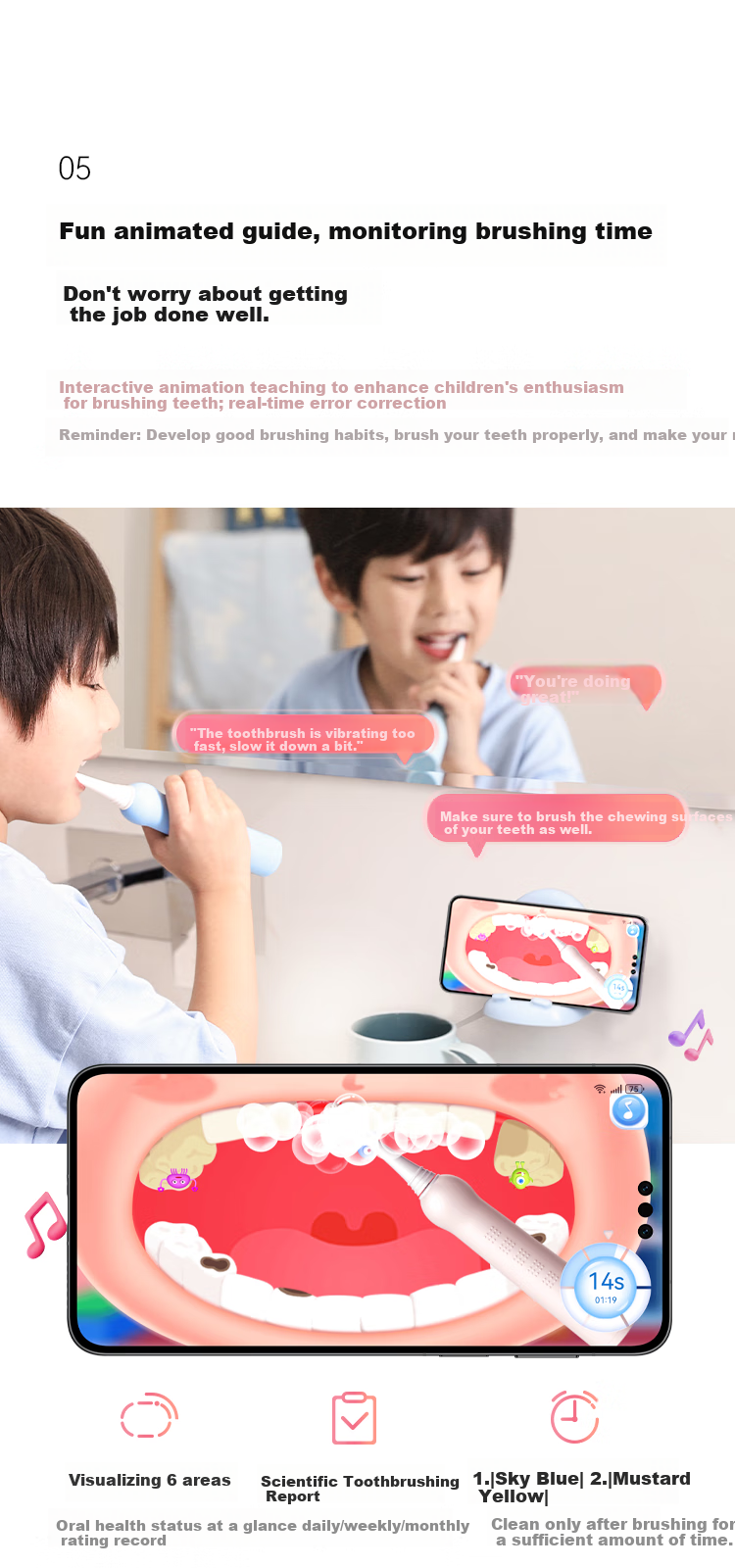 Hongmengzhixuan Li Bobe Smart Children's Electric Toothbrush, Food Grade Material Baby Toothbrush Gift for Ages 3-6 Birthday Present Pink 8