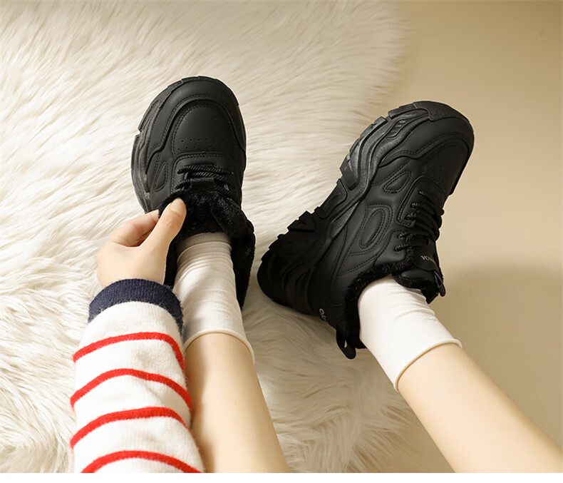 CARTELO Women's Fleece-Lined Dad Sneakers Winter Warm Cotton Casual Shoes Black 37 6