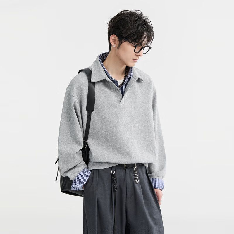 Earl Zore Premium Layered Shirt Collar Pullover Sweatshirt for Men Loose Casual Top