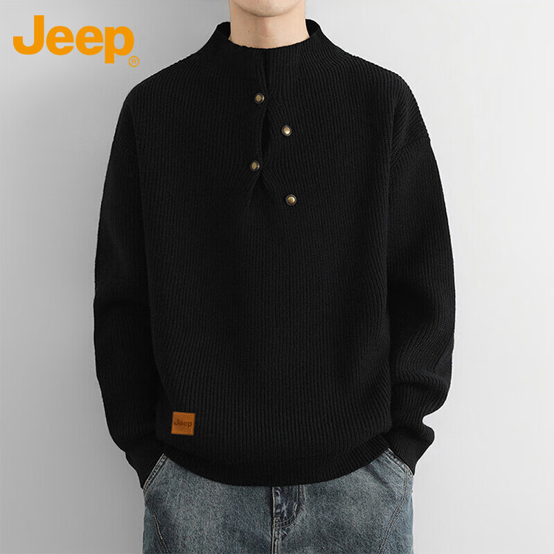 JEEP Men's Winter Thickened Half Turtleneck Sweater Black L