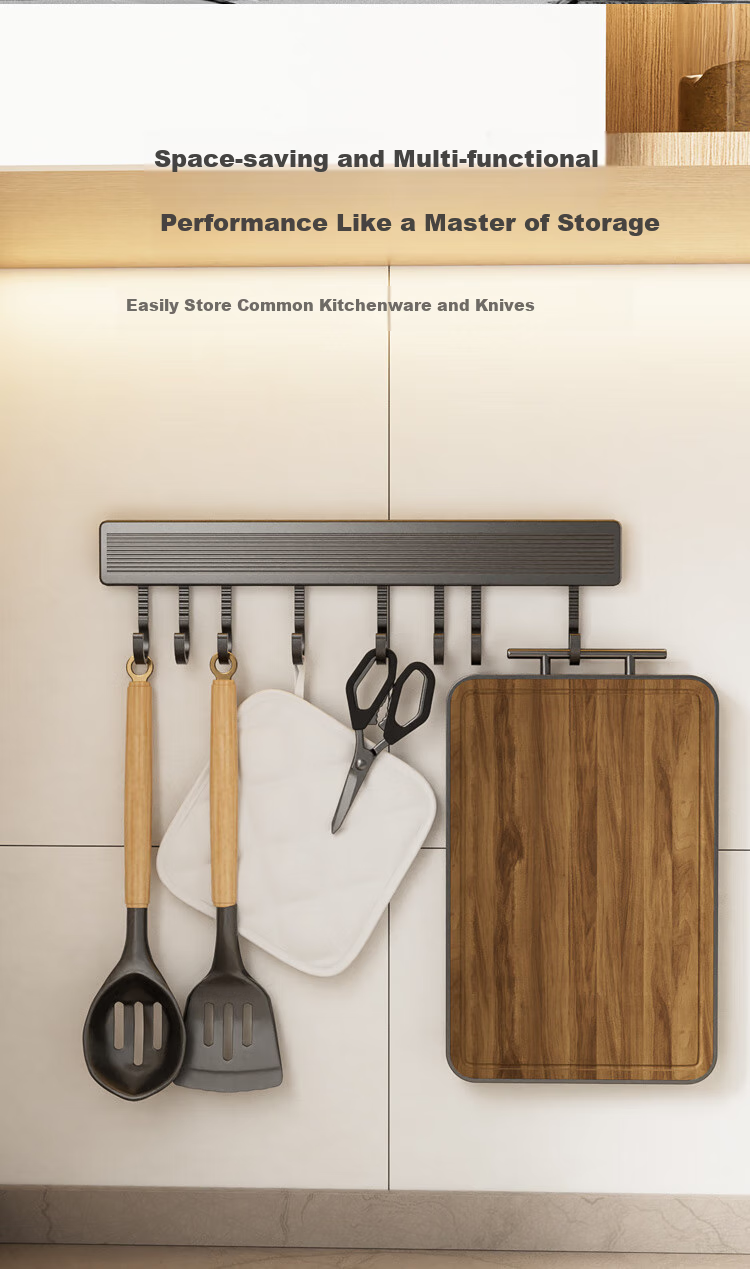 JD Original Kitchen Storage Rack, No Drilling Required, Space Aluminum Movable Hooks, Knife Holder, Pot Lid Rack, Household Storage Rod with Hooks, 40cm 4