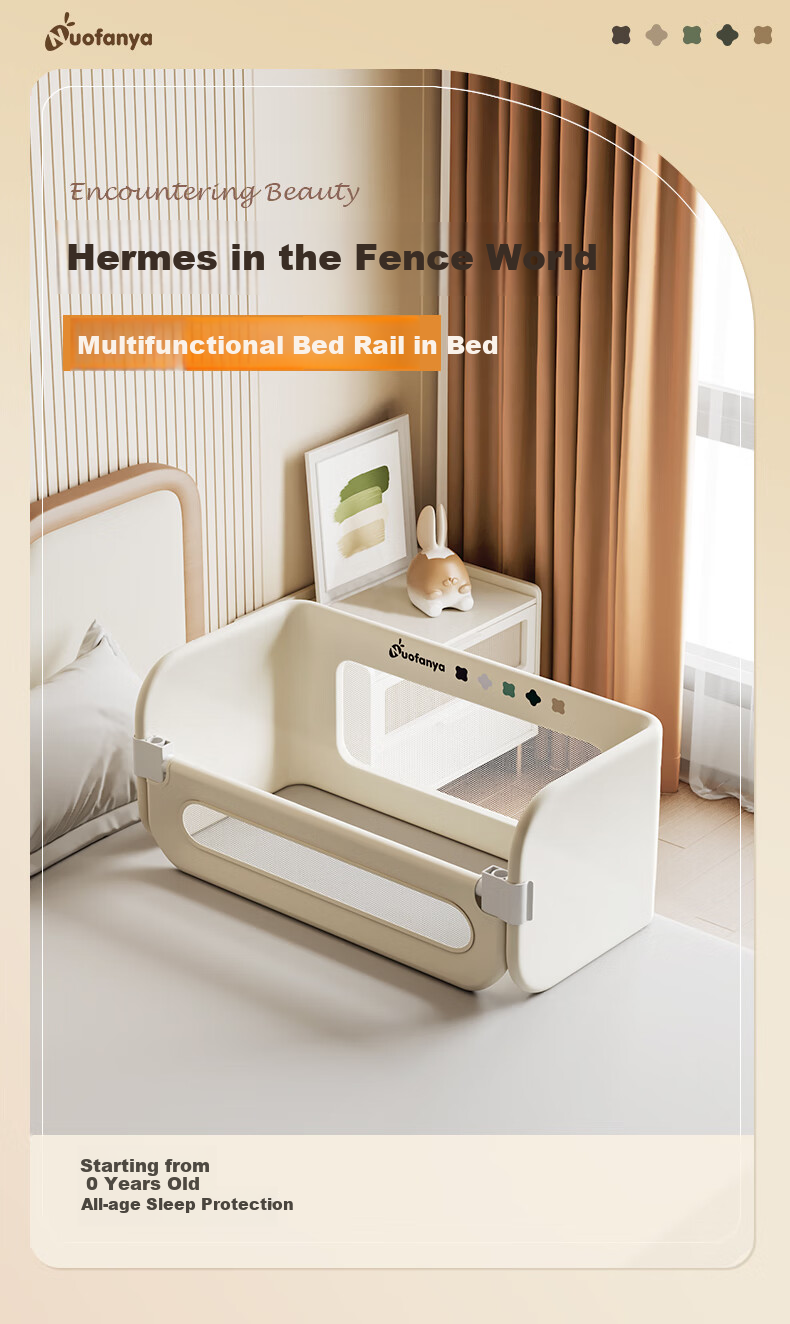 Nuofanya Baby Anti-Fall Guardrail, Crib Bumper, 1.8m Cream White Gold Color [No Barrier], One Side 1