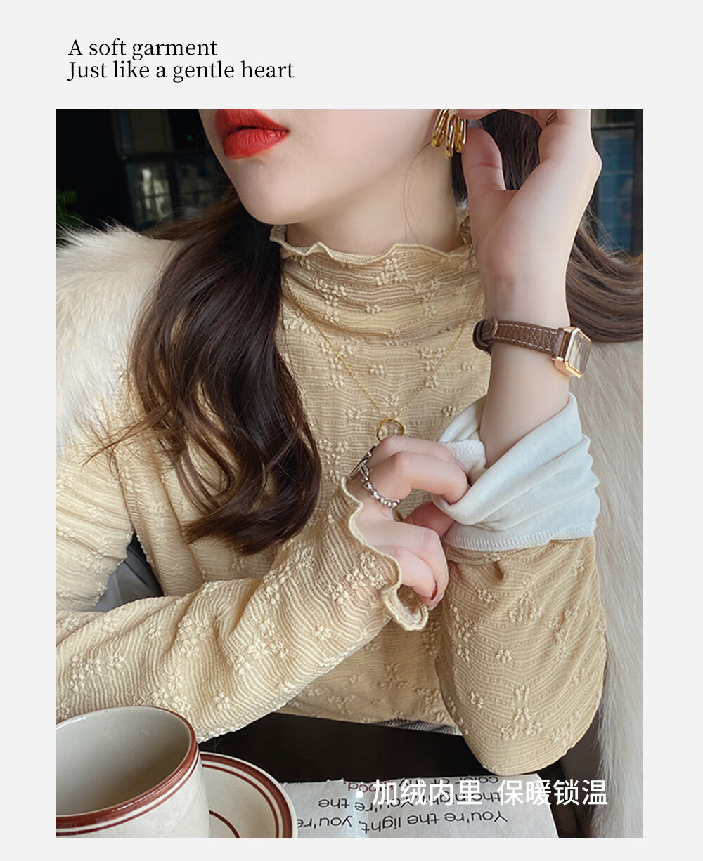 Modal Lace Base Layer Top for Women 2026 New Fleece Thickened Autumn Winter Half Turtleneck White Mesh Shirt White 9