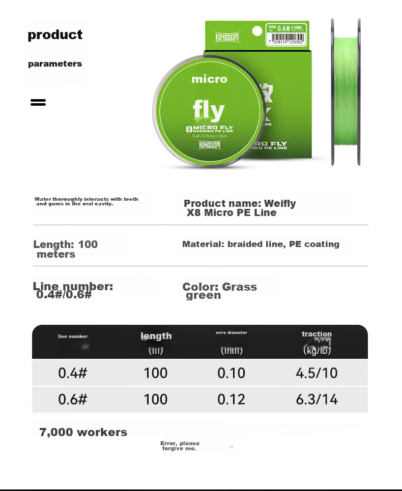 Guowangluya PE Fishing Line, 8-Strand Micro Line, Ultra-Thin Long-Casting Fishing Line, Size 0.6, 100 Meters, Green, 8 Strands 4