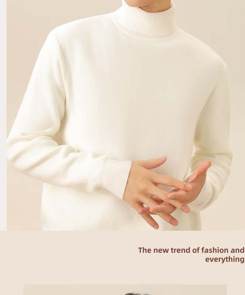 MINISO Fleece-Lined Sweater for Men, Autumn And Winter Warm Turtleneck Knit Pullover Base Layer, Thickened, White, XL 3