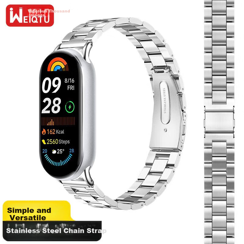 Ремешок Weiqiantu из нержавеющей стали для Xiaomi Smart Band 8, серебристый, с бабочкой застежкой