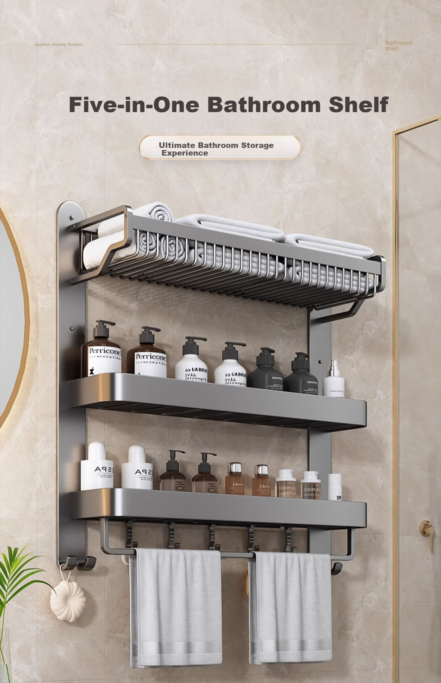 Jiabangshou Bathroom Storage Rack, No Drilling Required, Towel Rack, Bathroom Accessories Organizer, Space Aluminum Wall-Mounted Towel Rack - 2 Layers 1