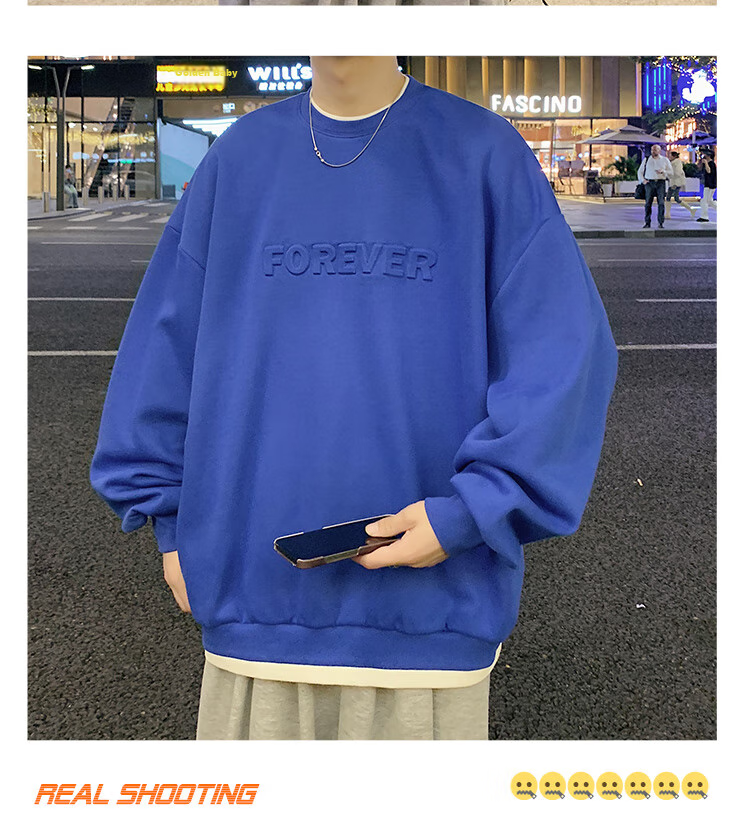 Dingfengbaoluo American Retro Crew Neck Sweatshirt for Men, Spring Trendy Steel-Printed Long-Sleeve Top DFL07 White XL 13