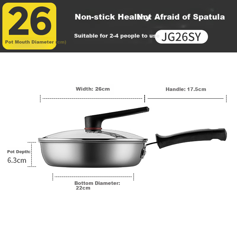 COOKER KING 316 Stainless Steel Flat Bottom Frying Pan 26cm Non-Stick Pan Compatible with Induction Cookers Stir-Frying Pan Steak Pa