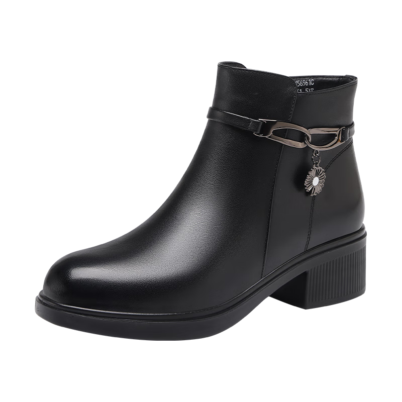 Red Dragonfly Women's Genuine Leather Ankle Boots Autumn Winter Fleece Lined Warm Thick Sole Chunky Heel Slim Boots WTC456961C Black Size 39