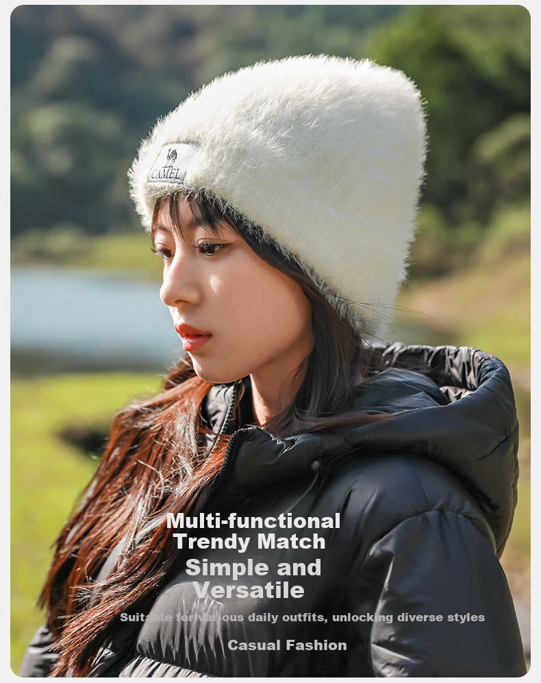 CAMEL Plush Knitted Hat for Women, Winter Cold Protection Ear-Covering Thick Warm Face-Slimming Knitted Cap 133CP15061 9