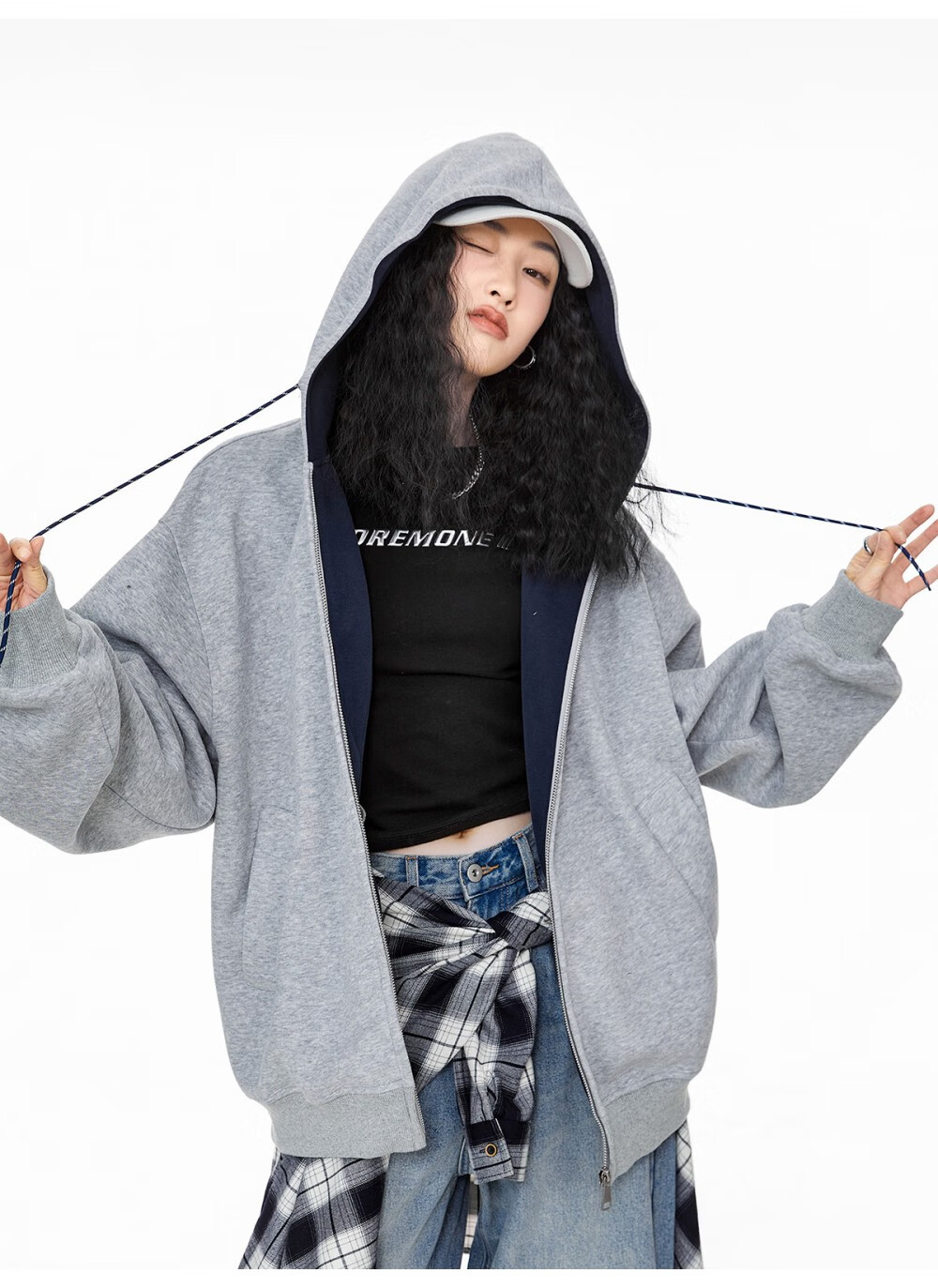 ICH MODE Women's Hoodie American Vintage Loose Fit Zip-up Sweatshirt Spring Autumn New Light Heather Gray L 22