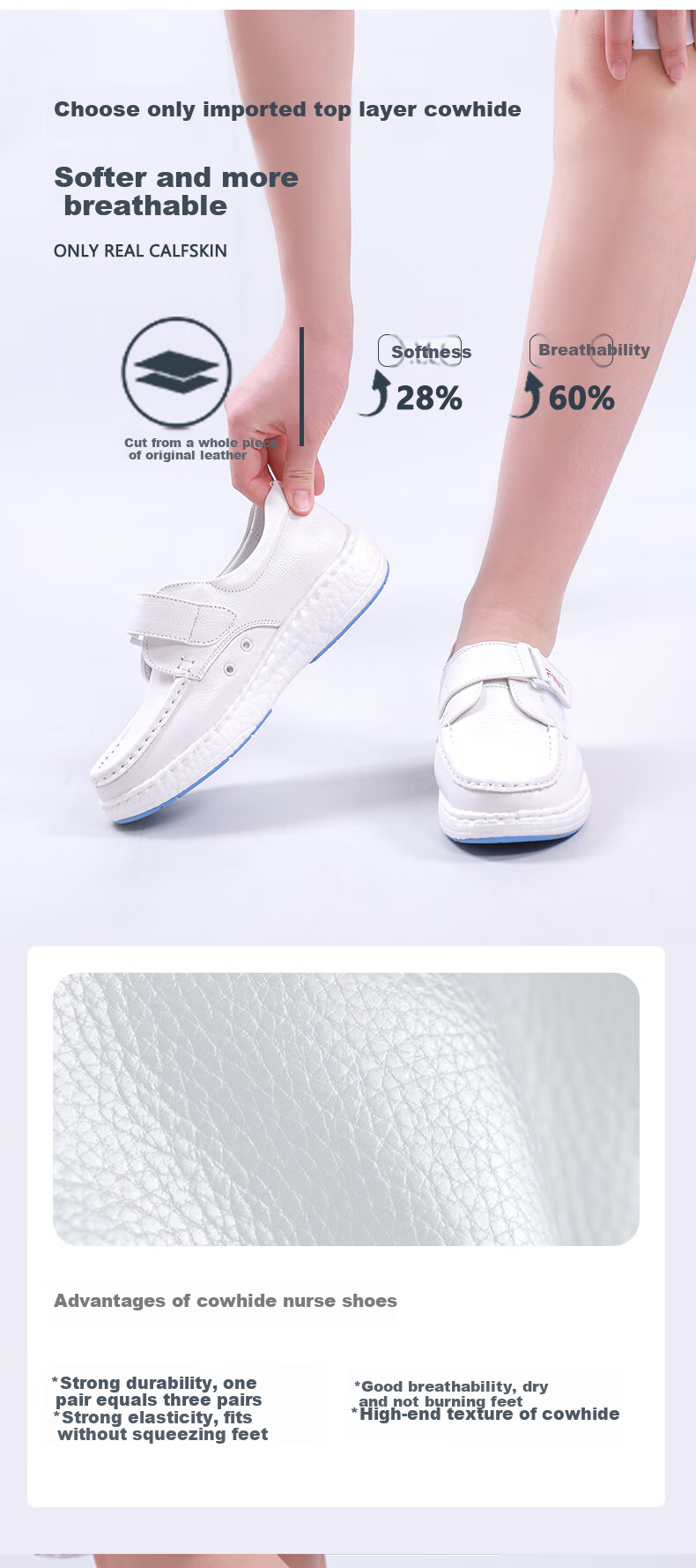Feiying Popcorn Style Nurse Shoes for Women, Top-Grain Leather, Soft Sole, Comfortable, Breathable, Medical Work Shoes, BT1957 White, Size 39 6