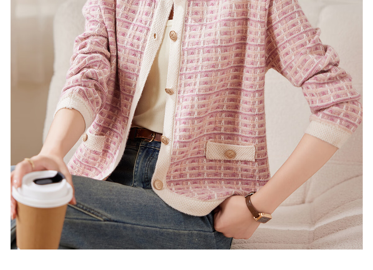 PinCai Women's Loose Plaid Jacquard Knit Cardigan Elegant Youthful Knit Jacket P143Z1001 13