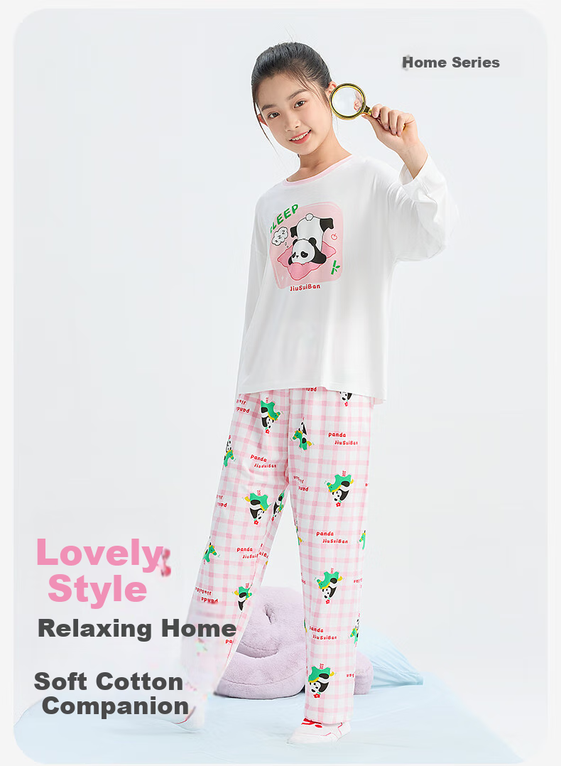 Jiusuiban Children's Pajamas for Girls, Autumn And Winter Class A High-Elastic Cotton Thin Home Wear Set, Cartoon Loose Pajama Pants for Older Childre 1