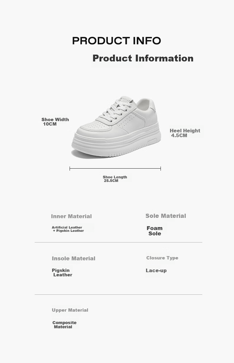 Belle Women's Shoes, Simple And Versatile White Sneakers, Breathable for Spring And Summer, Height-Increasing Thick-Soled Casual Shoes, Skateboard Shoes B2597BM5, White, Size 34 9