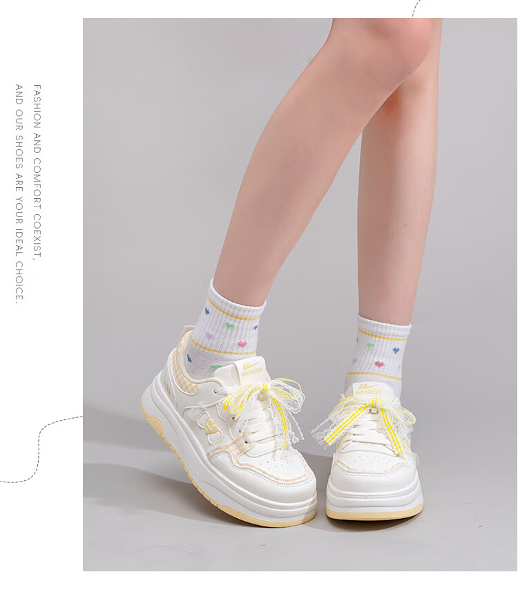 Warrior Women's White Shoes Spring and Autumn New Casual Versatile Creative Bowknot Sports Thick Sole Sneakers Beige Deep Blue 37 13