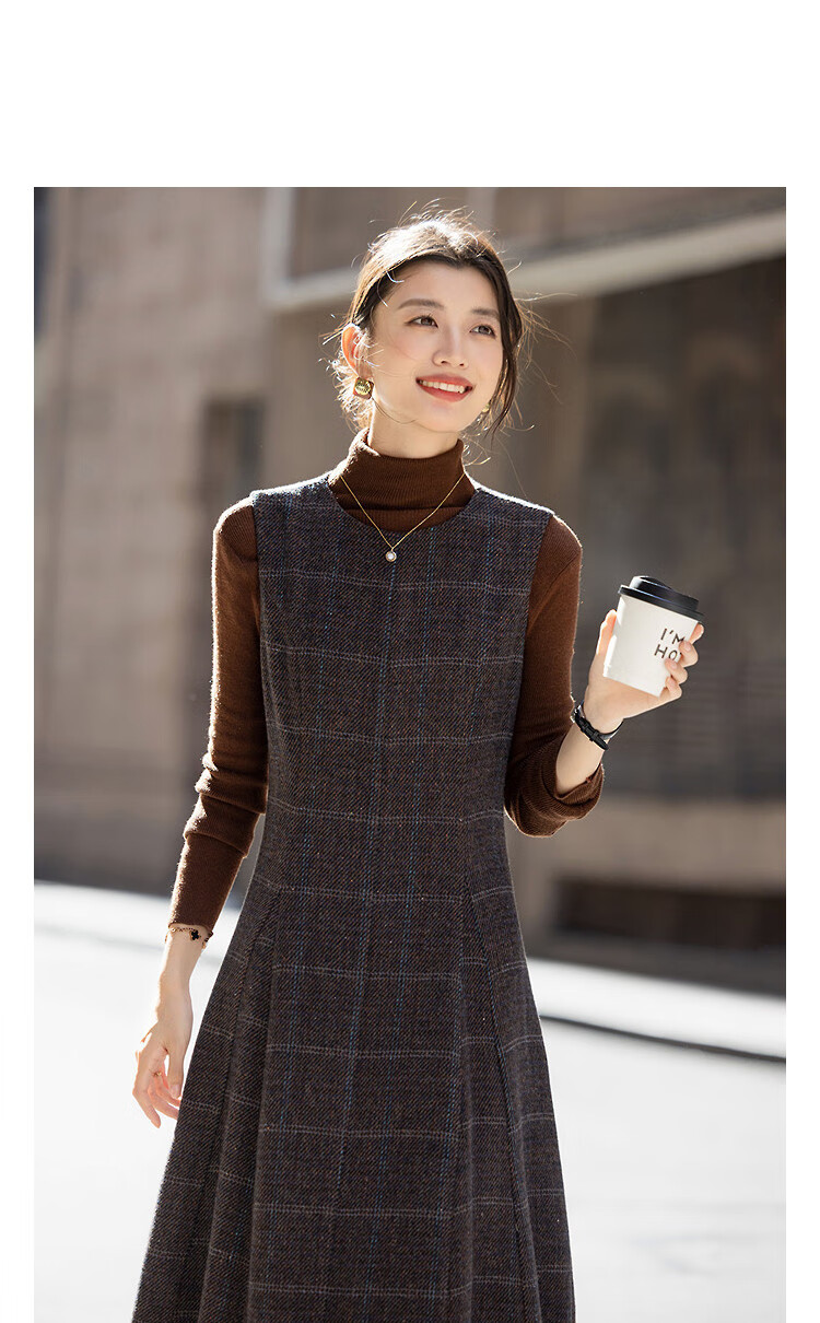 Demana Winter Vintage Elegant Round Neck Plaid Collar Sleeveless Wool Blend Waist-Defined Dress for Women 1