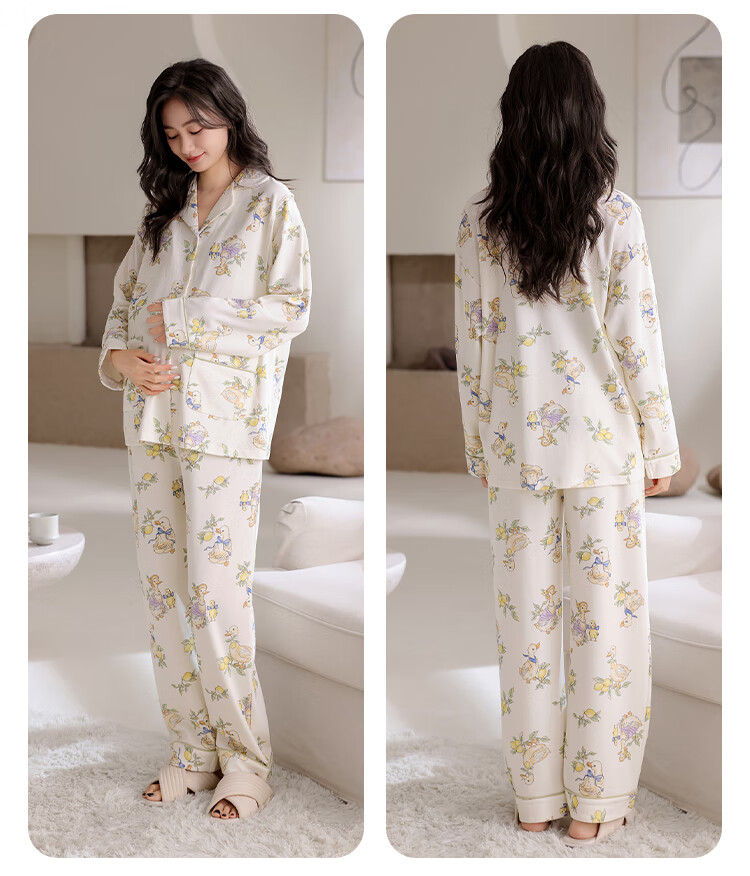 Aibaozi Maternity Postpartum Pajamas Spring Summer Pure Cotton Nursing Sleepwear Breastfeeding Clothes Homewear Moon Lemon Cute Duck L Size M475 15