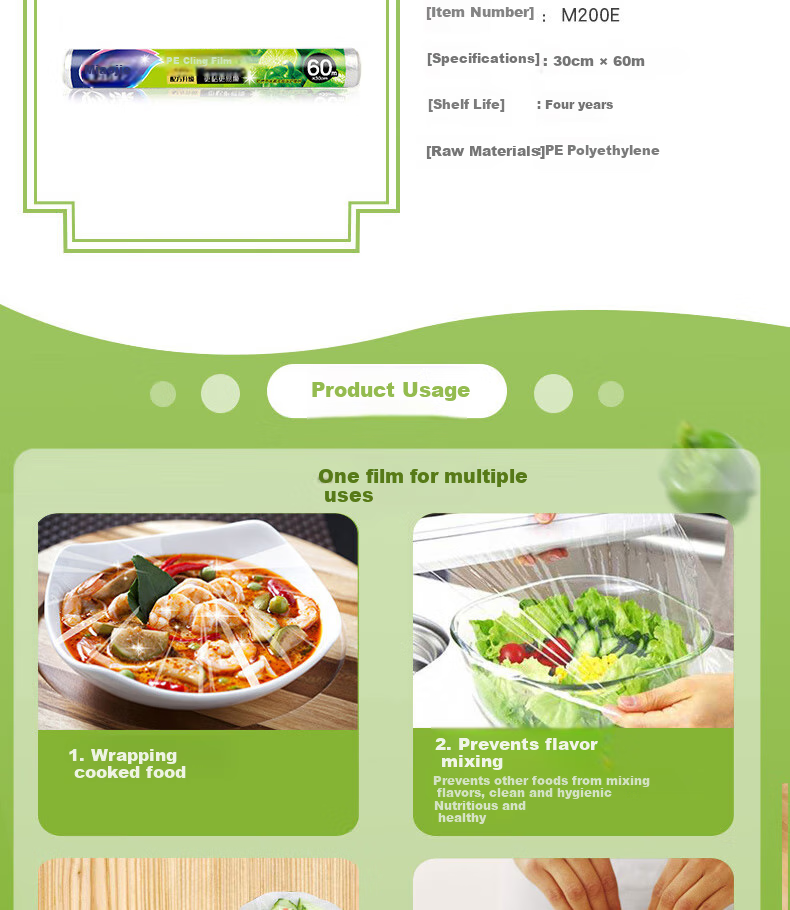 MIAOJIE Tear-Free PE Cling Film, Boxed, Easy-To with Tear Points, Strong Adhesion, Large Size 100 Meters 3