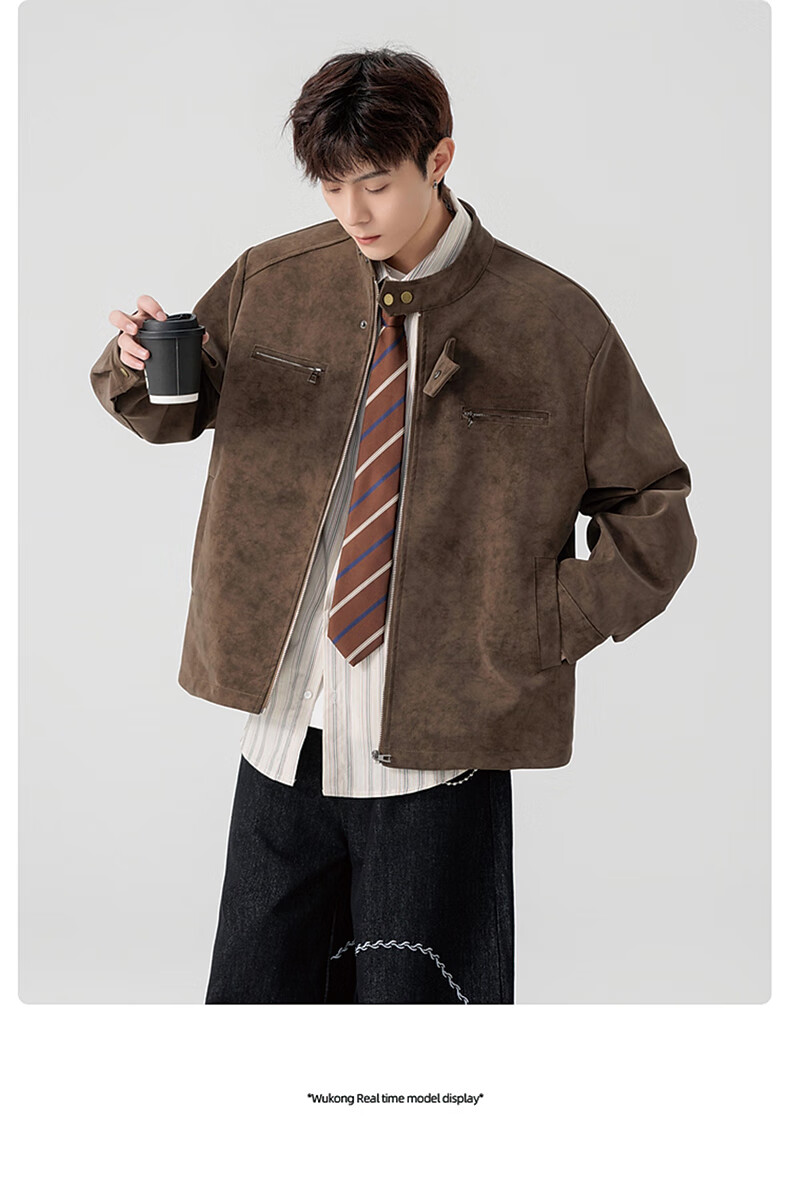 Foss Phil Men's Autumn Winter American Vintage Loose Casual Stand Collar Tie-Dye Leather Jacket J5238 Brown XL 13