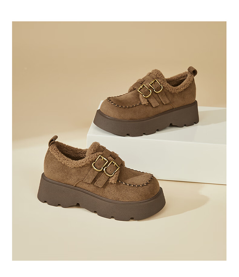 DAPHNE Women's Petite Thick Sole Full Coverage Birkenstock Shoes with Buckle, Fleece Lined, Warm and Fashionable Flats, Brown, Size 37 10