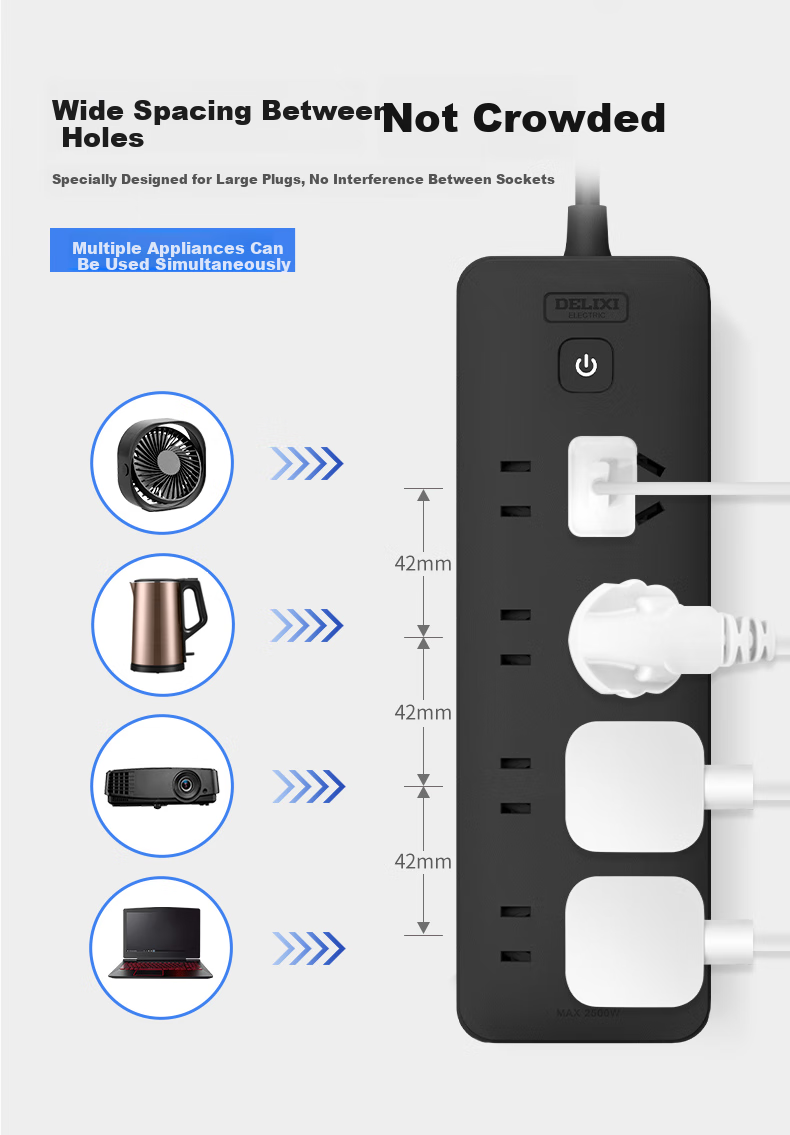 DELIXI National Standard Power Strip/surge Protector/power Bar/extension Cord/extension Strip/power Board 3 Outlets with Master Switch, Total Length 1.8 Meters, Black 5