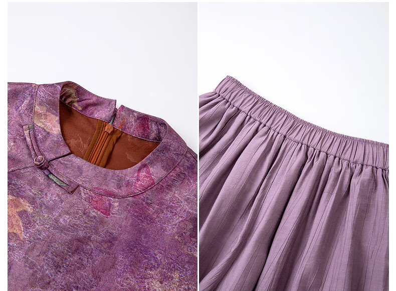 Fanximan New Chinese Style Women's Autumn Set Stand Collar Top Wide Leg Pants Set Purple Floral M 3