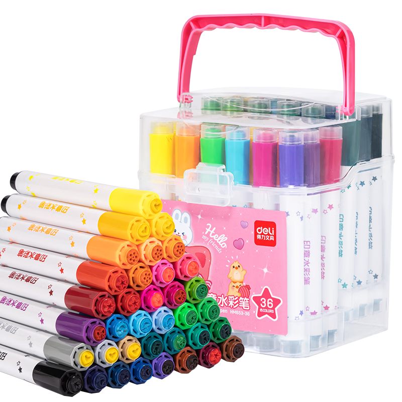 Deli 36-Color Washable Stamp Head Student Watercolor Pens Children's Drawing Pens Portable for Painting And Doodling (Pink) HM653-36 Girls' Children's Gift Graduation Present