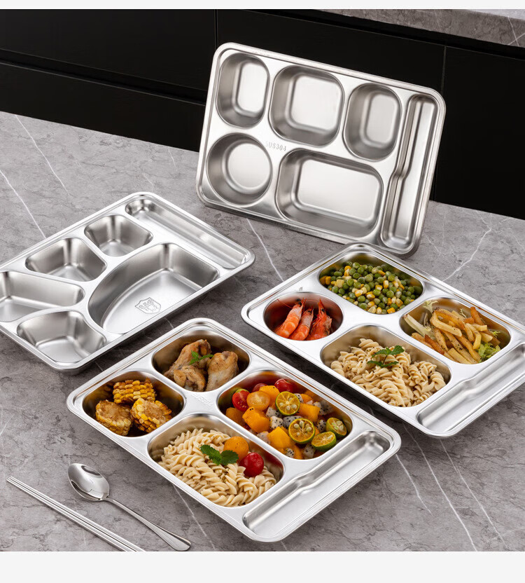 Danshizhiyuan 304 Stainless Steel Fast Food Tray Divided Plate School Canteen Dinner Plate Large Round Six-Compartment (Beijing Warehouse) 15