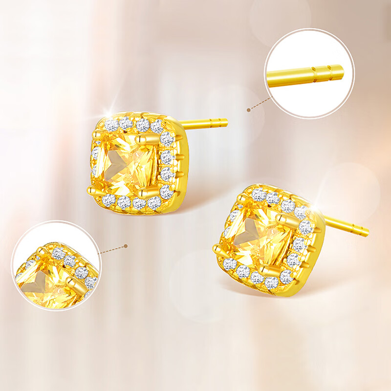 Jinliufu Auspicious S925 Sterling Silver Stud Earrings Women's Sparkling Small Square Sugar High-End Jewelry Gift for Girlfriend