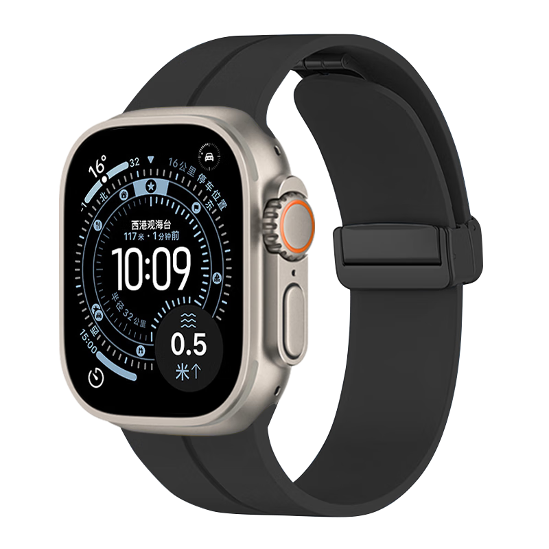 MSSM Compatible Apple Watch Band, Silicone Magnetic Folding Buckle Strap for IWatch S12/11/ultra4/S10/9/SE3, Black, 44/45/46/49