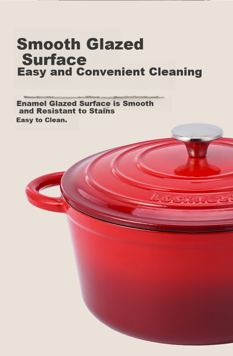 LOCK&LOCK Enamel Cast Iron Pot with Double Handles, Soup Pot, Stew Pot, Milk Pot, Cooking Pot for Noodles And Soup, Compatible with Induction Cooker And Gas Stove, Red, 24cm 2