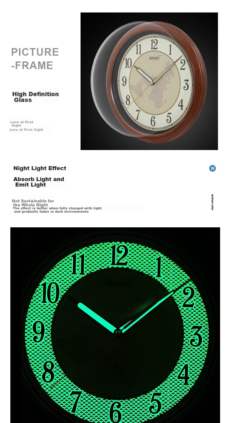 SEIKO Wall Clock, No Drilling Required for Home Use, 13-Inch 32cm Luminous Timepiece, Simple Wooden Grain Design for Bedroom And Living Room 4