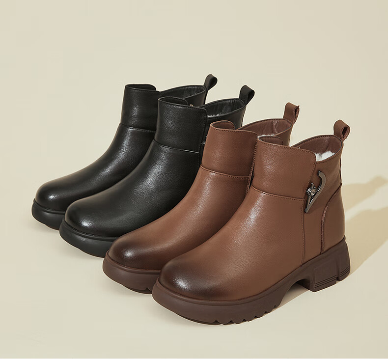 FUGUINIAO Ultra Thick Fleece-Lined Genuine Leather Cowhide Short Boots for Women Autumn Winter Warm Cold-Resistant Metal Decor Elegant Women's Boots Brown Size 36 1