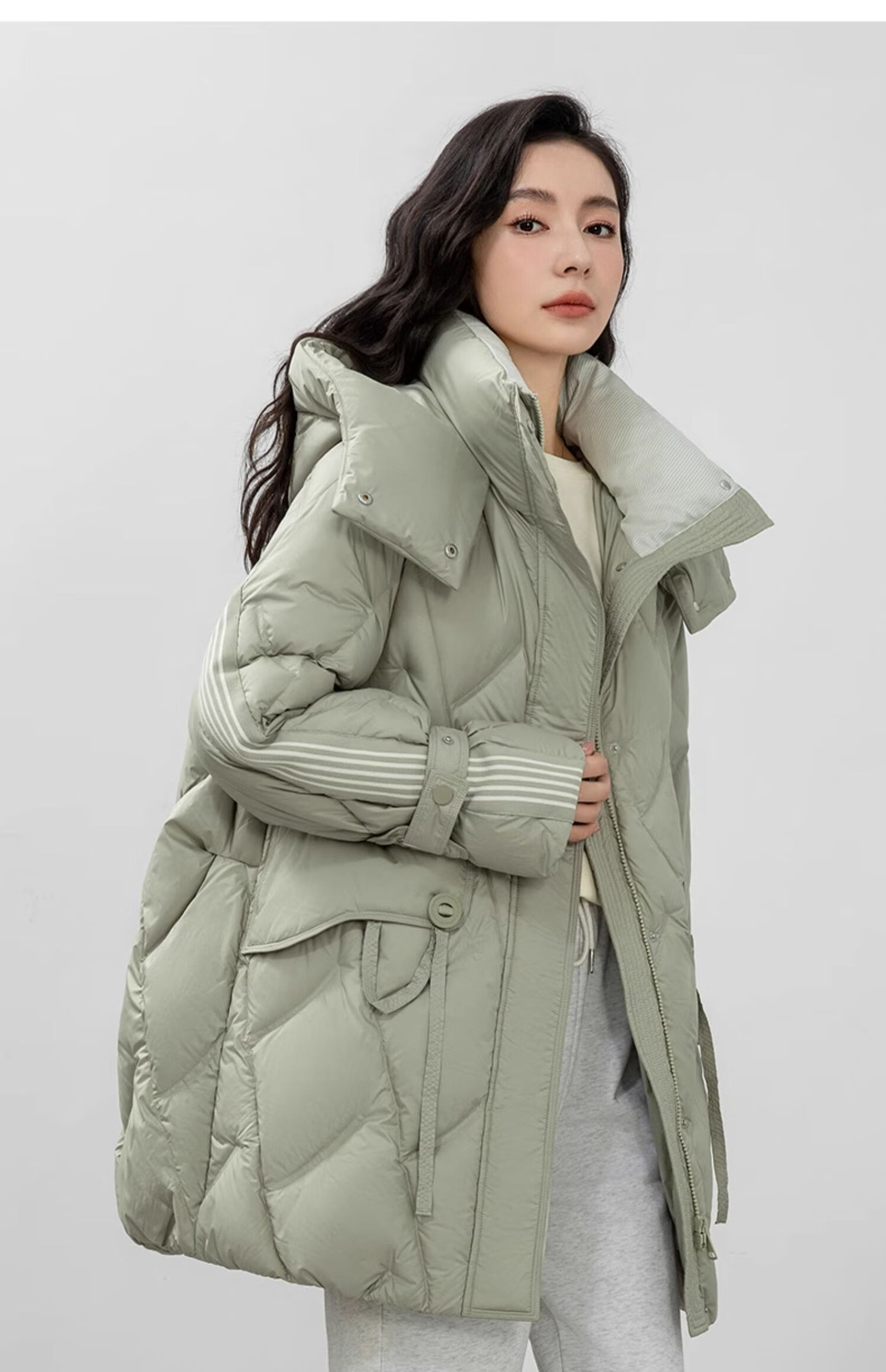 BLOOM FLOWERS Women's Down Jacket 2025 Winter Mid-Length Solid Color Striped Fashion Casual Hooded Warm Coat 12